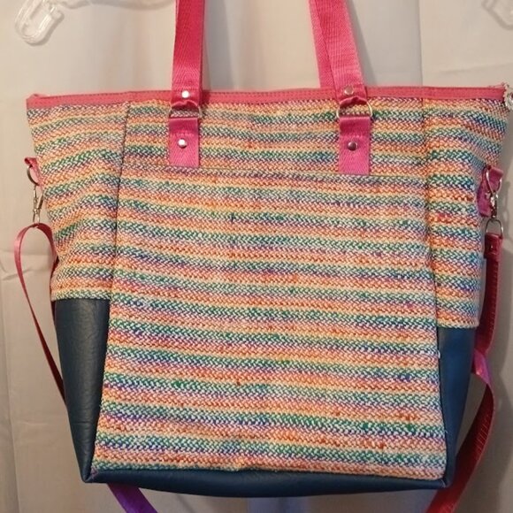 New Rasta Rainbow Tapestry & Faux Leather Shoulder Bag Purse Crossbody Pink Blue - Picture 9 of 12